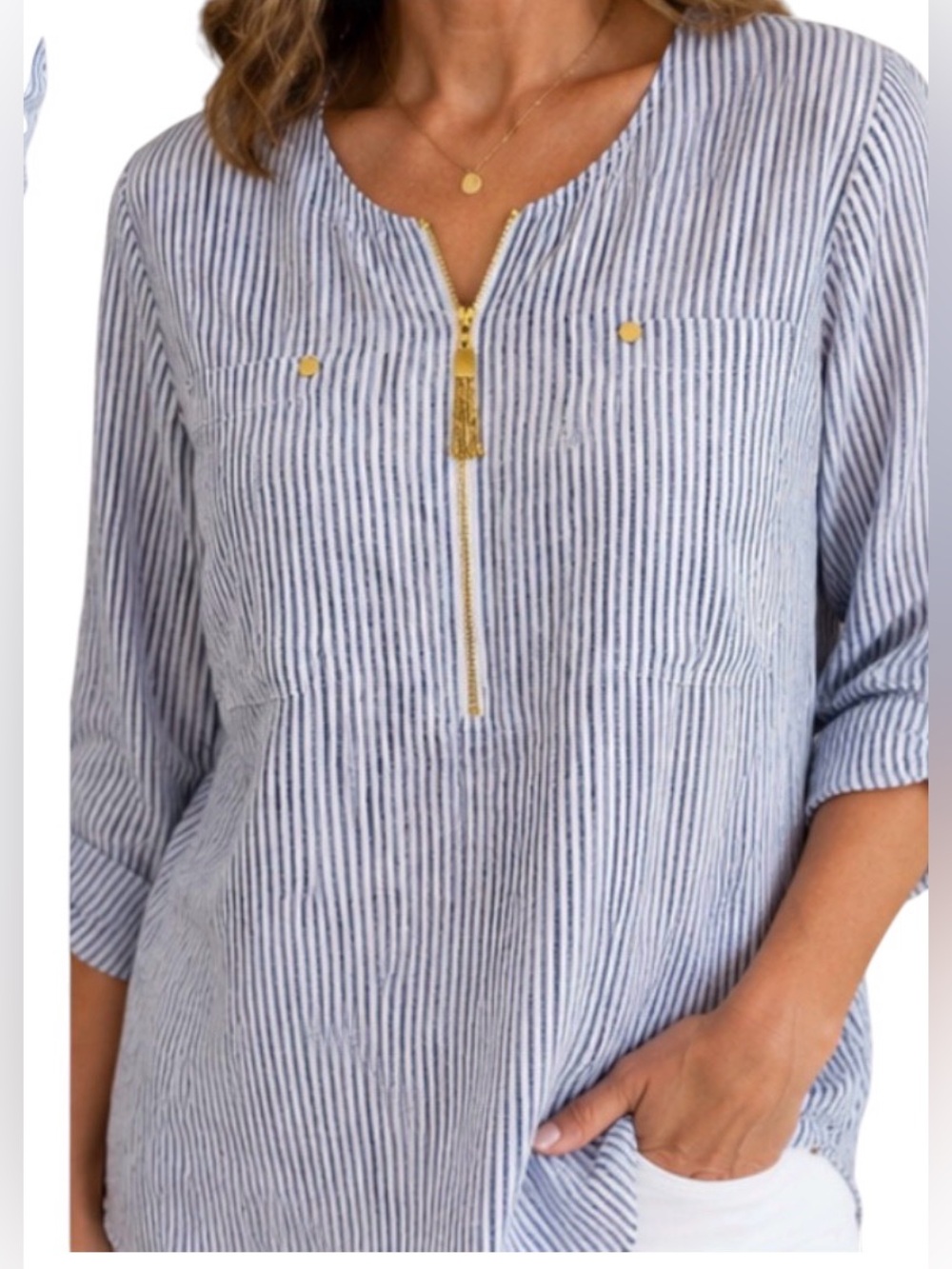 ELLEN TRACY XL 100% LINEN BLUE AND WHITE STRIPED TUNIC GOLD ZIP COASTAL Y2K TOP - Picture 3 of 12